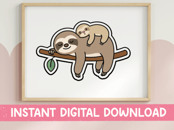 Cute Sloth Mom Baby Sticker Design Graphics