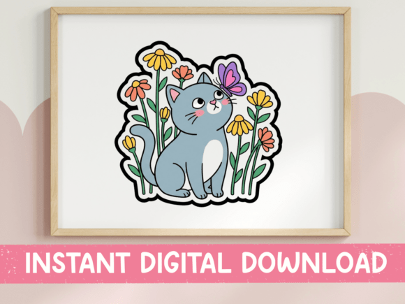 Gray Cat with Butterfly Flowers Sticker: Graphics for T-Shirt Designs