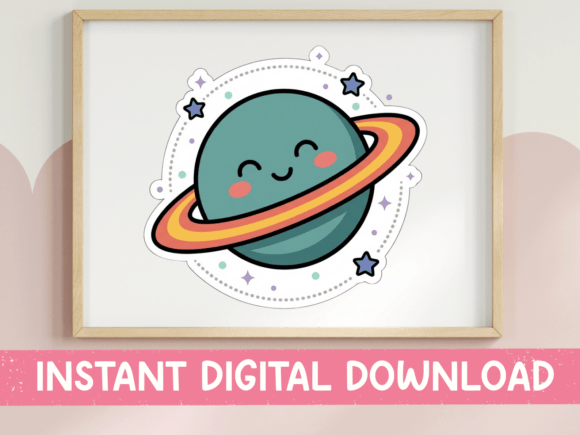 Kawaii Smiling Planet Saturn Sticker: Graphics & T-Shirt Designs