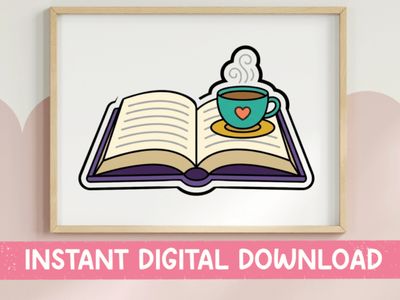 Open Book with Coffee Cup Sticker Graphics