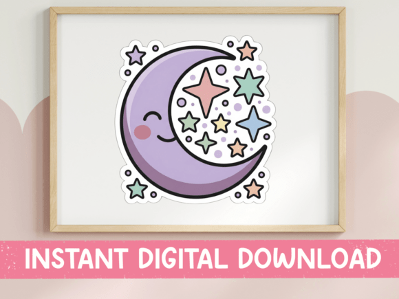 Pastel Purple Moon with Stars Sticker: Graphics for T-Shirt Designs & Branding