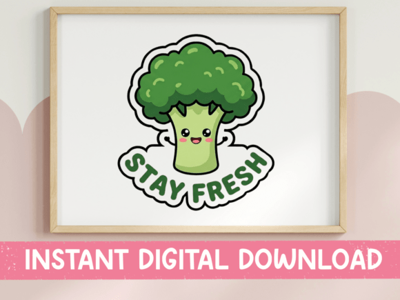 Stay Fresh Kawaii Broccoli Sticker: Graphics & T-Shirt Designs